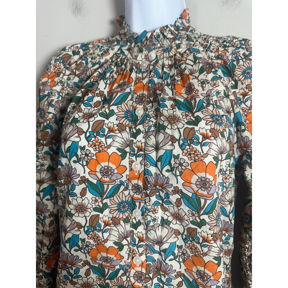 Boden Erica Cotton Frill Top Floral Ruffle Neck Blouse Orange Teal US 0 UK 4 - Picture 4 of 6